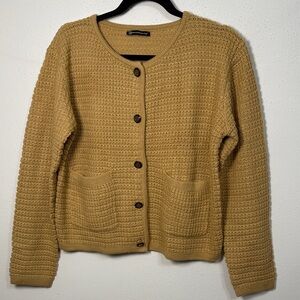 Women's Mustard Knit Button-Front Cardigan with Patch Pockets